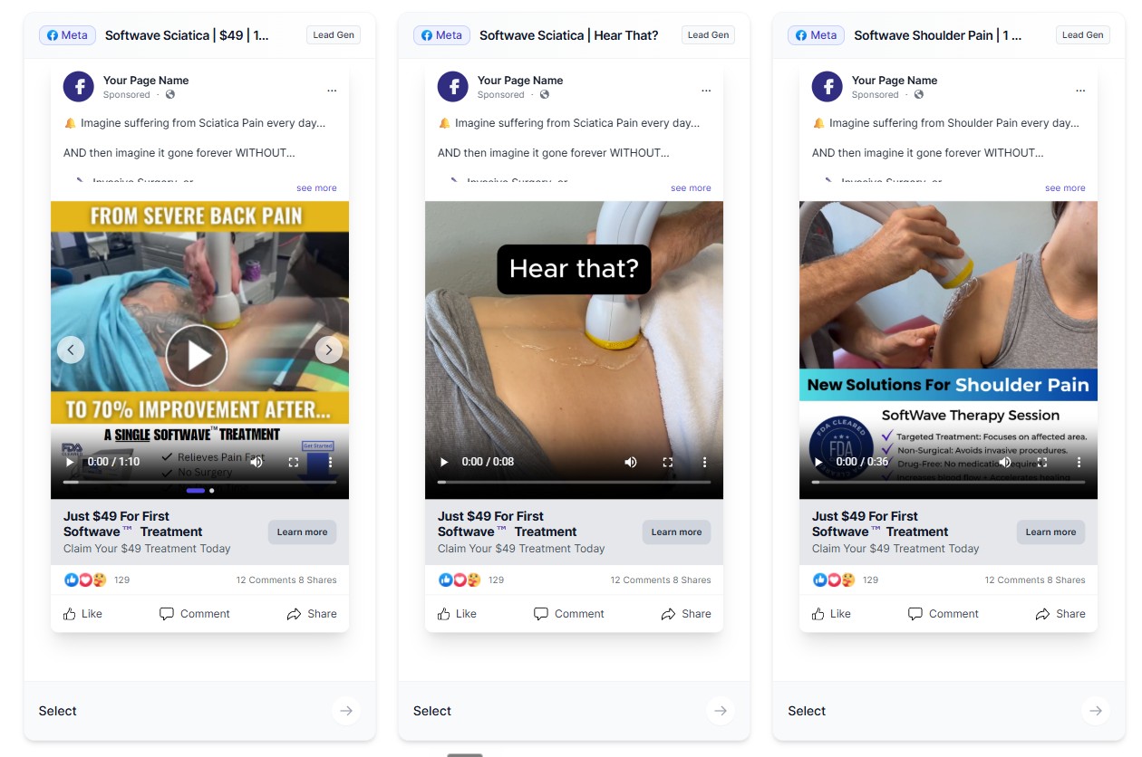 SoftWave Ads template library with multiple Meta ad previews