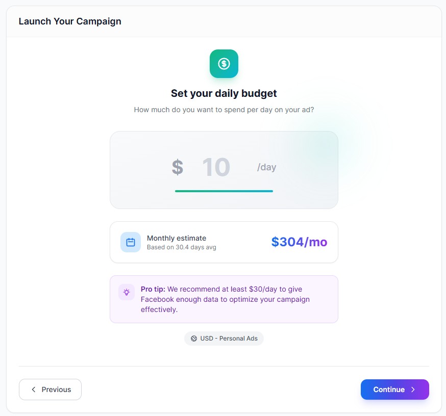 SoftWave Ads daily budget screen