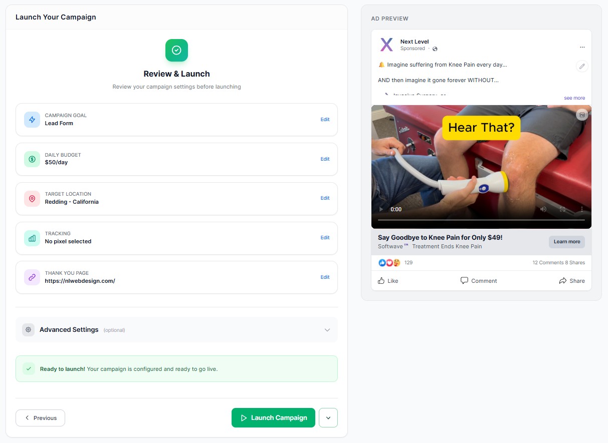 SoftWave Ads review and launch screen with campaign settings and ad preview
